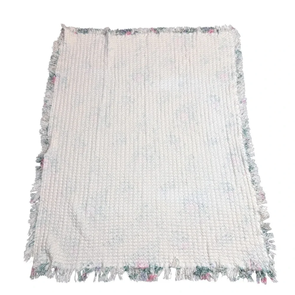 Floral Chenille Throw Blanket Pink Roses Lavender Fringed Edge White Vintage